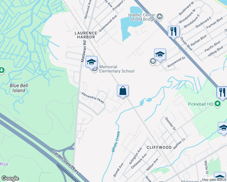 map of restaurants, bars, coffee shops, grocery stores, and more near 6 Rondell Lane in South Amboy