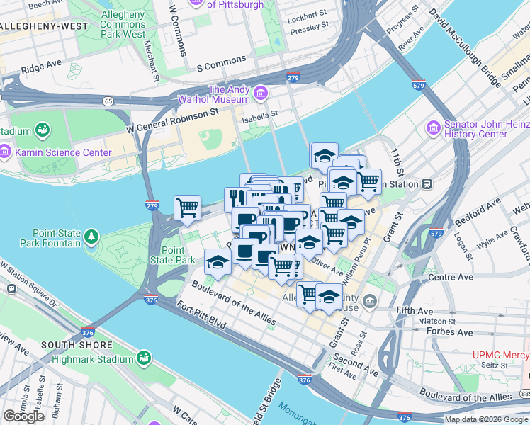 map of restaurants, bars, coffee shops, grocery stores, and more near in Pittsburgh