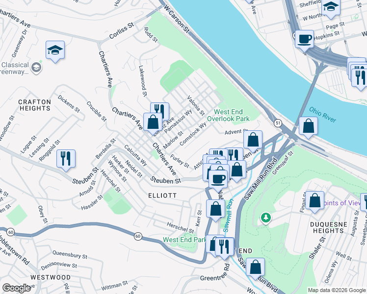 map of restaurants, bars, coffee shops, grocery stores, and more near 127 Herndon Street in Pittsburgh