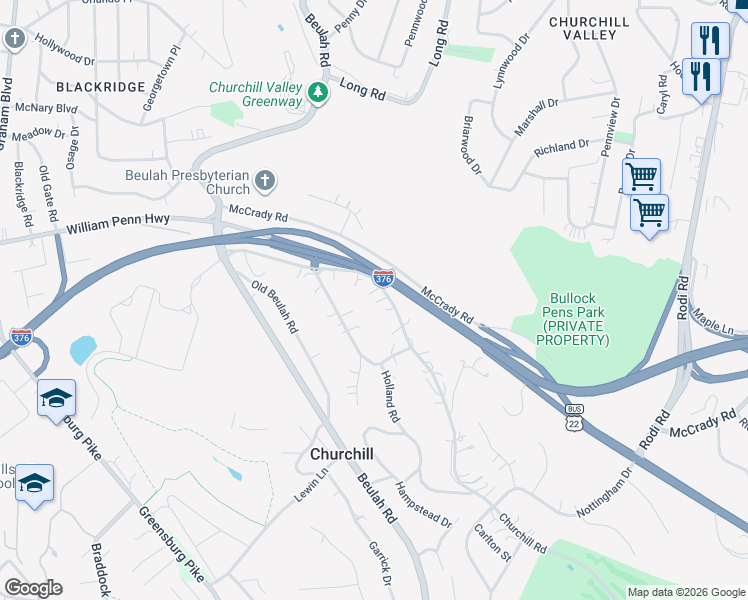 map of restaurants, bars, coffee shops, grocery stores, and more near 8 Churchill Road in Pittsburgh