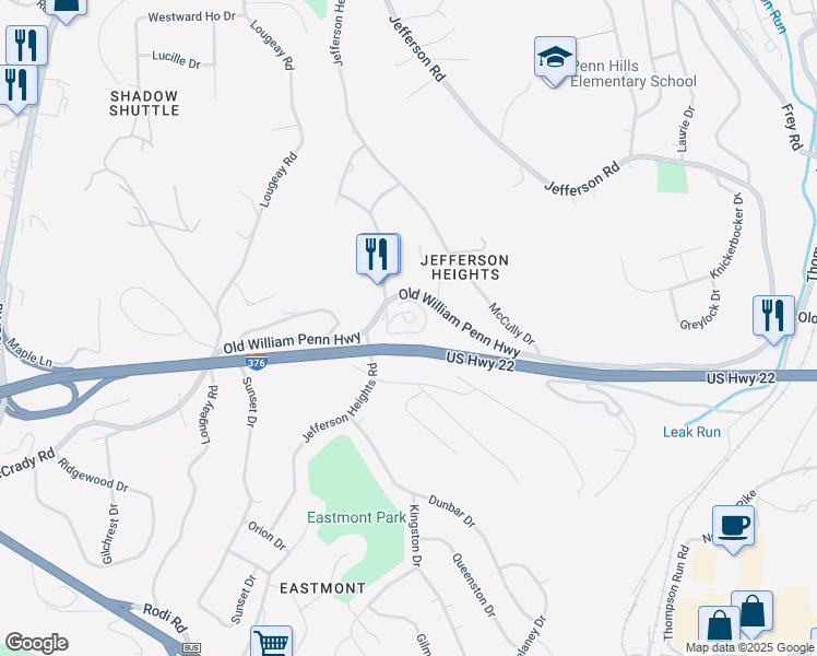 map of restaurants, bars, coffee shops, grocery stores, and more near 3950 Old William Penn Highway in Pittsburgh