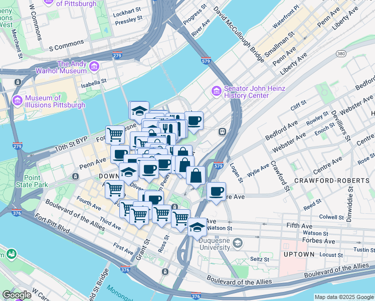 map of restaurants, bars, coffee shops, grocery stores, and more near 1000 Liberty Avenue in Pittsburgh