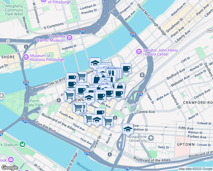 map of restaurants, bars, coffee shops, grocery stores, and more near in Pittsburgh