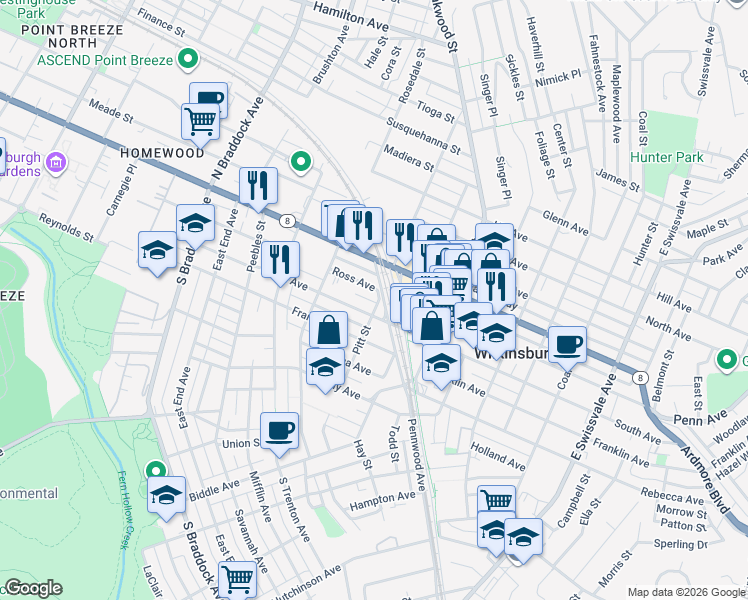 map of restaurants, bars, coffee shops, grocery stores, and more near 444 South Avenue in Pittsburgh