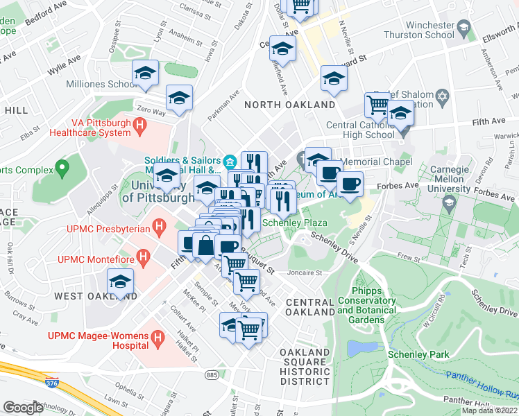 map of restaurants, bars, coffee shops, grocery stores, and more near 3955 Forbes Avenue in Pittsburgh