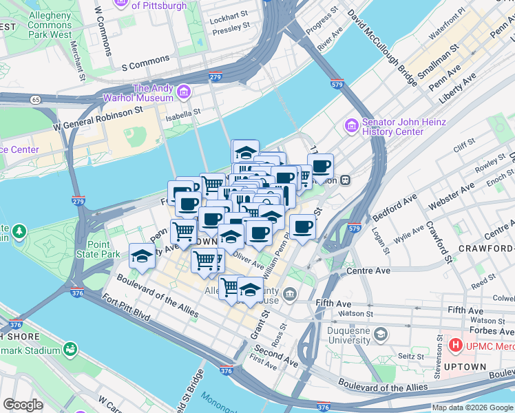 map of restaurants, bars, coffee shops, grocery stores, and more near in Pittsburgh
