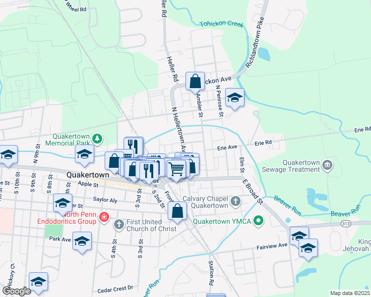 map of restaurants, bars, coffee shops, grocery stores, and more near 53 North Hellertown Avenue in Quakertown