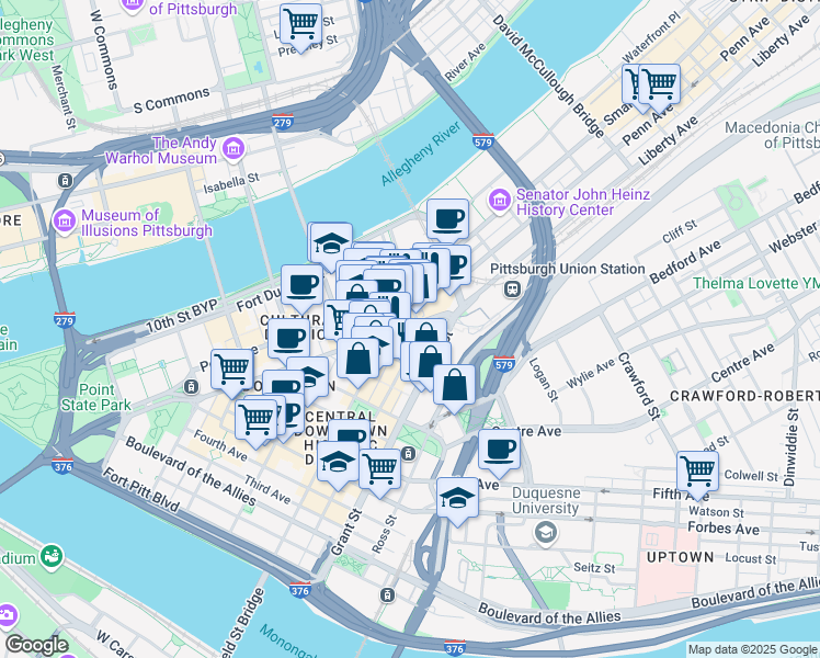 map of restaurants, bars, coffee shops, grocery stores, and more near 980 Liberty Avenue in Pittsburgh