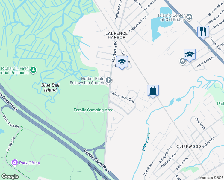 map of restaurants, bars, coffee shops, grocery stores, and more near 8 Linda Court in South Amboy