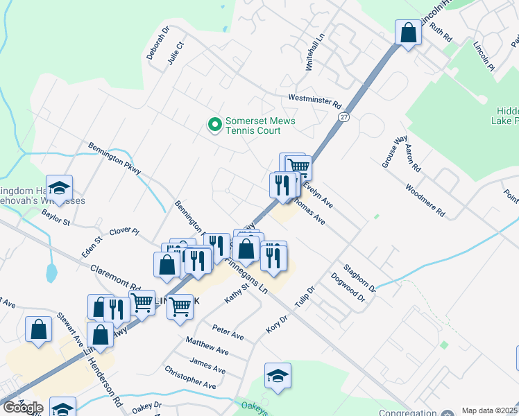 map of restaurants, bars, coffee shops, grocery stores, and more near 2818 New Jersey 27 in North Brunswick Township