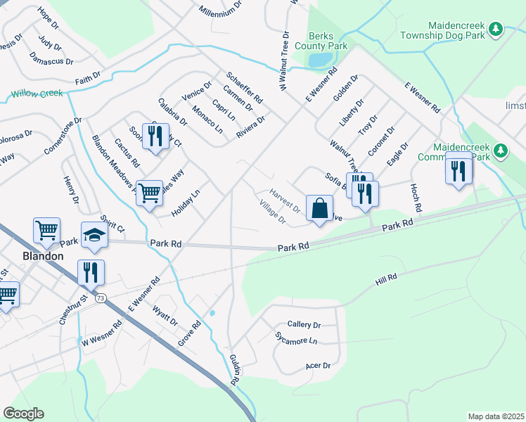 map of restaurants, bars, coffee shops, grocery stores, and more near 200 Village Drive in Blandon