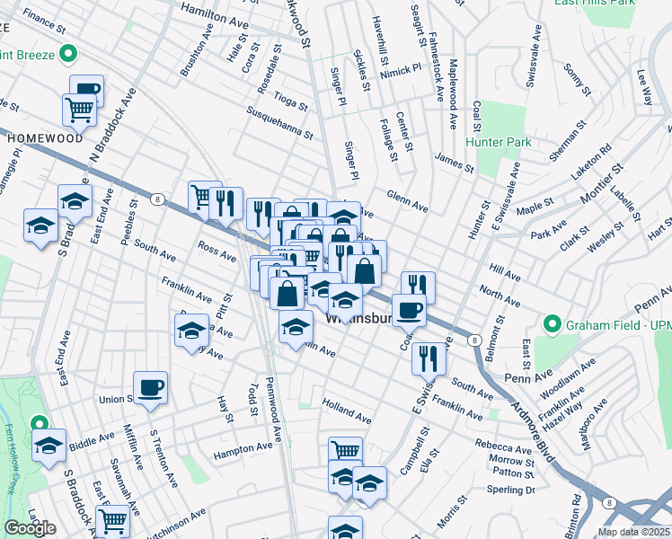 map of restaurants, bars, coffee shops, grocery stores, and more near 722 Penn Avenue in Pittsburgh
