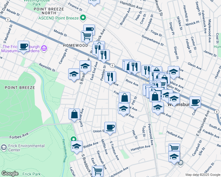 map of restaurants, bars, coffee shops, grocery stores, and more near 318 Franklin Avenue in Pittsburgh