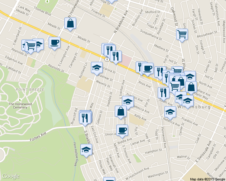 map of restaurants, bars, coffee shops, grocery stores, and more near 410 South Trenton Avenue in Pittsburgh