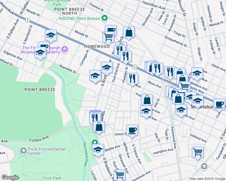 map of restaurants, bars, coffee shops, grocery stores, and more near 7718 Lyman Street in Pittsburgh