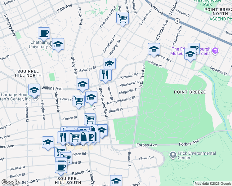 map of restaurants, bars, coffee shops, grocery stores, and more near 1454 Barnsdale Street in Pittsburgh