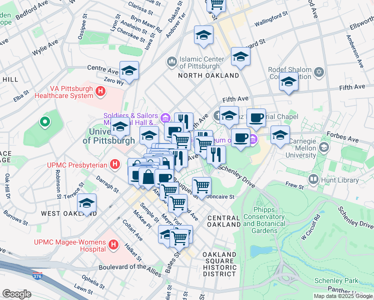 map of restaurants, bars, coffee shops, grocery stores, and more near 3955 Forbes Avenue in Pittsburgh