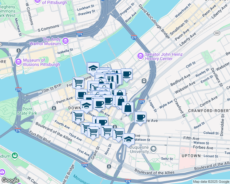 map of restaurants, bars, coffee shops, grocery stores, and more near 963 Liberty Avenue in Pittsburgh