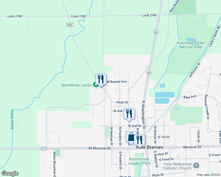 map of restaurants, bars, coffee shops, grocery stores, and more near 444 North Herman Street in New Bremen