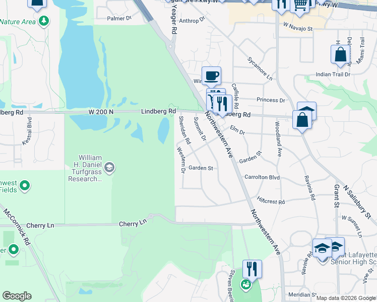 map of restaurants, bars, coffee shops, grocery stores, and more near 1201-1299 Oakhurst Drive in West Lafayette