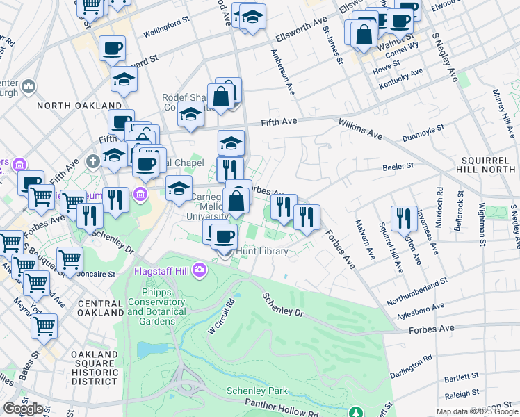 map of restaurants, bars, coffee shops, grocery stores, and more near 5000 Forbes Avenue in Pittsburgh