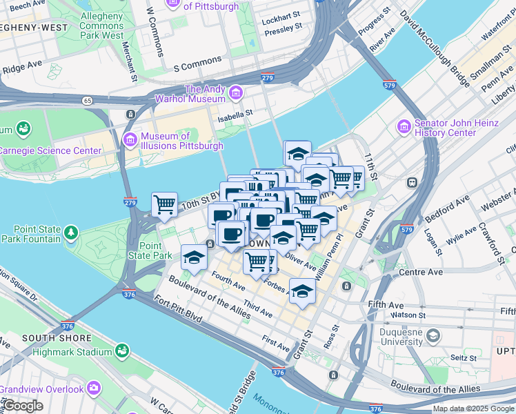 map of restaurants, bars, coffee shops, grocery stores, and more near 625 Penn Avenue in Pittsburgh