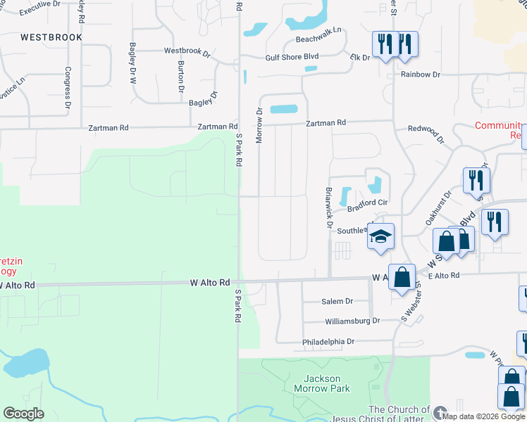 map of restaurants, bars, coffee shops, grocery stores, and more near 3716 South Park Road in Kokomo