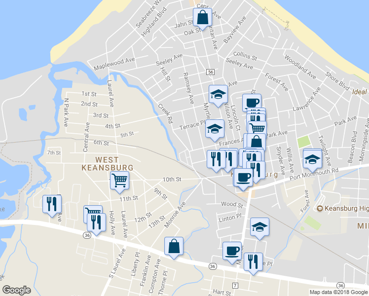 map of restaurants, bars, coffee shops, grocery stores, and more near 217 Creek Road in Keansburg