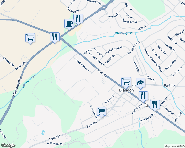 map of restaurants, bars, coffee shops, grocery stores, and more near 200 Main Street in Blandon