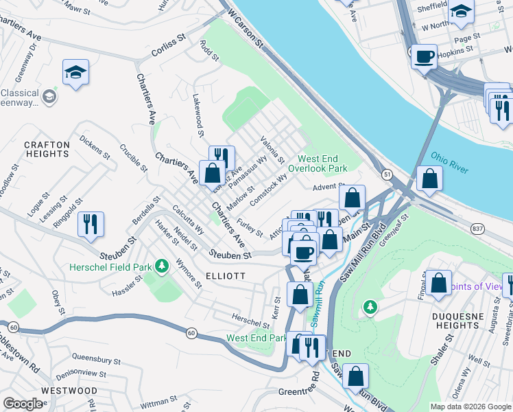 map of restaurants, bars, coffee shops, grocery stores, and more near 127 Herndon Street in Pittsburgh
