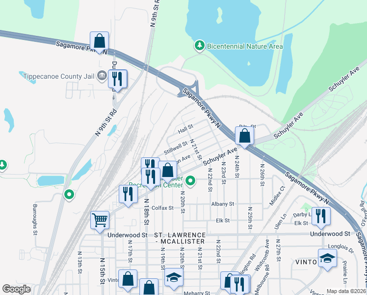 map of restaurants, bars, coffee shops, grocery stores, and more near 2026 Monon Avenue in Lafayette