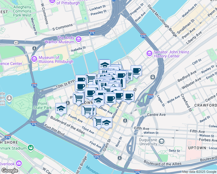 map of restaurants, bars, coffee shops, grocery stores, and more near 209 9th Street in Pittsburgh