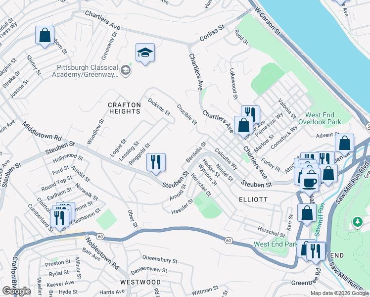 map of restaurants, bars, coffee shops, grocery stores, and more near 1127 Berdella Street in Pittsburgh