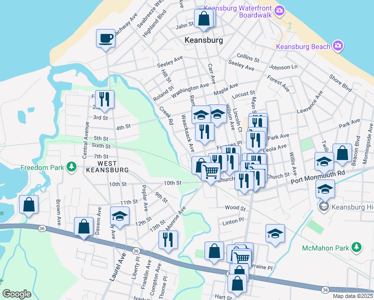 map of restaurants, bars, coffee shops, grocery stores, and more near 219 Creek Road in Keansburg