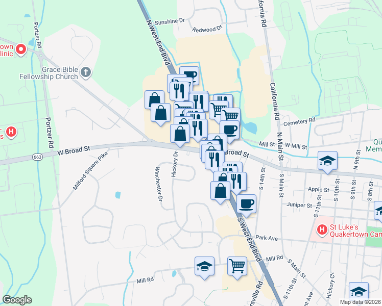 map of restaurants, bars, coffee shops, grocery stores, and more near 23 Kenwood Circle in Quakertown