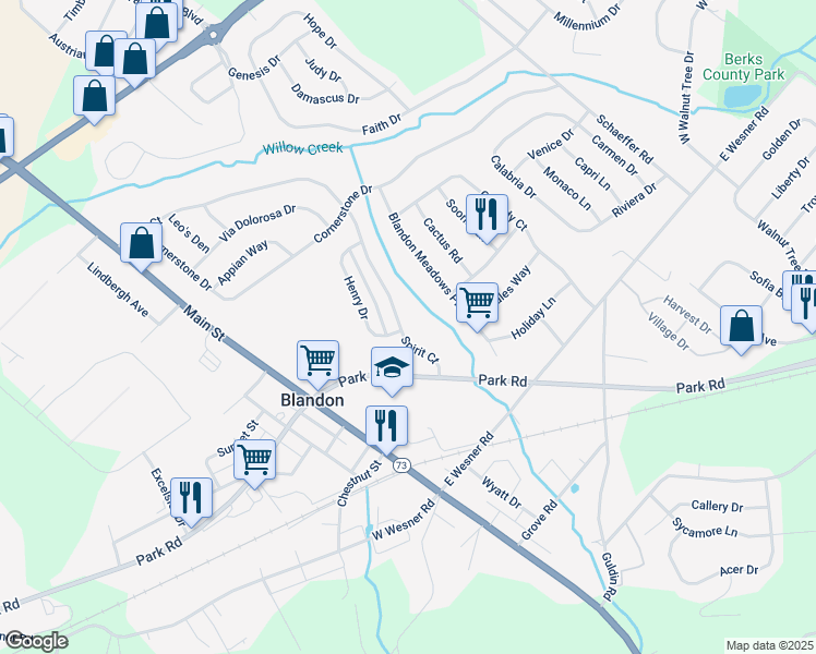 map of restaurants, bars, coffee shops, grocery stores, and more near 277 Spirit Court in Blandon
