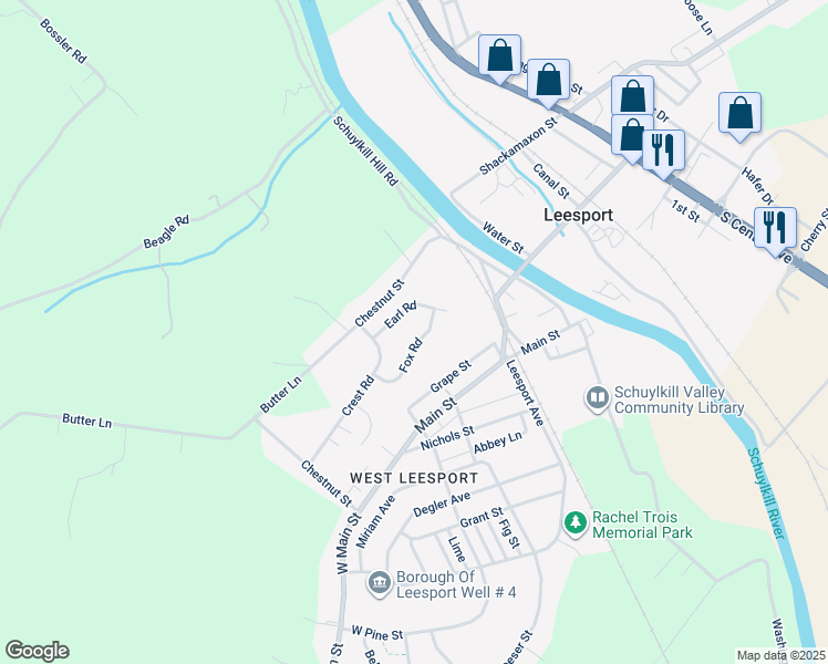 map of restaurants, bars, coffee shops, grocery stores, and more near 1220 Fox Road in Leesport