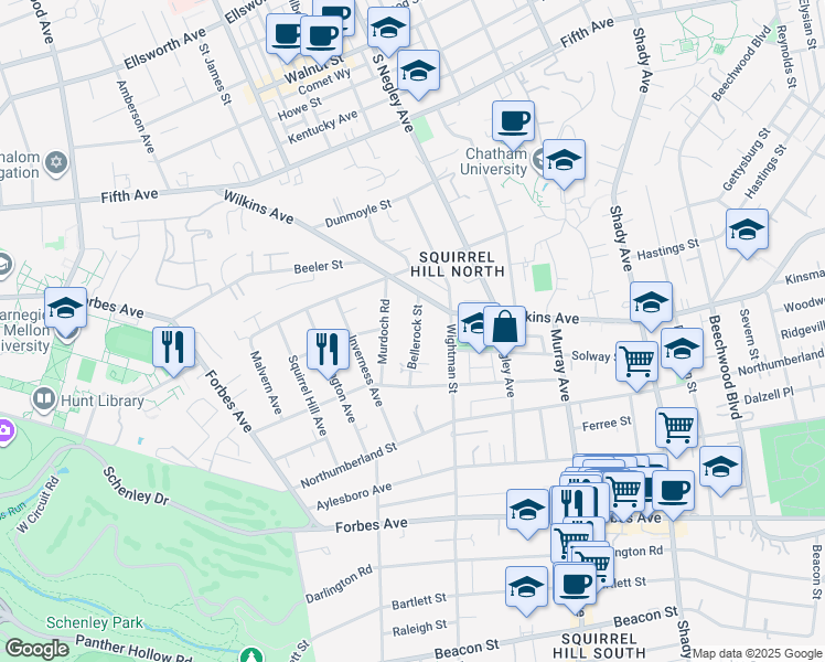 map of restaurants, bars, coffee shops, grocery stores, and more near 1255 Bellerock Street in Pittsburgh