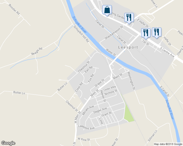 map of restaurants, bars, coffee shops, grocery stores, and more near 1220 Fox Road in Leesport