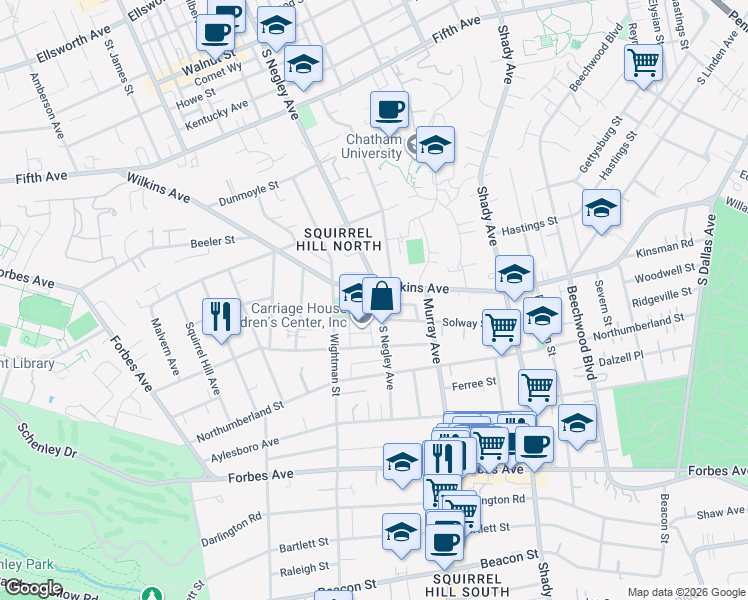 map of restaurants, bars, coffee shops, grocery stores, and more near 1326 South Negley Avenue in Pittsburgh