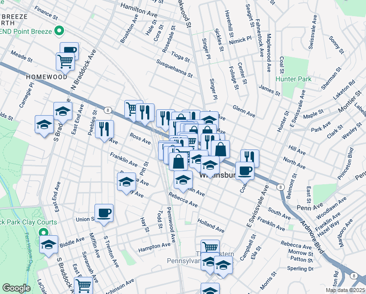 map of restaurants, bars, coffee shops, grocery stores, and more near 901 Wood Street in Pittsburgh