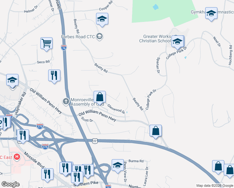 map of restaurants, bars, coffee shops, grocery stores, and more near 100 Camberly Drive in Monroeville