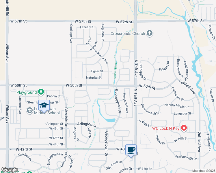 map of restaurants, bars, coffee shops, grocery stores, and more near 1700 West 50th Street in Loveland