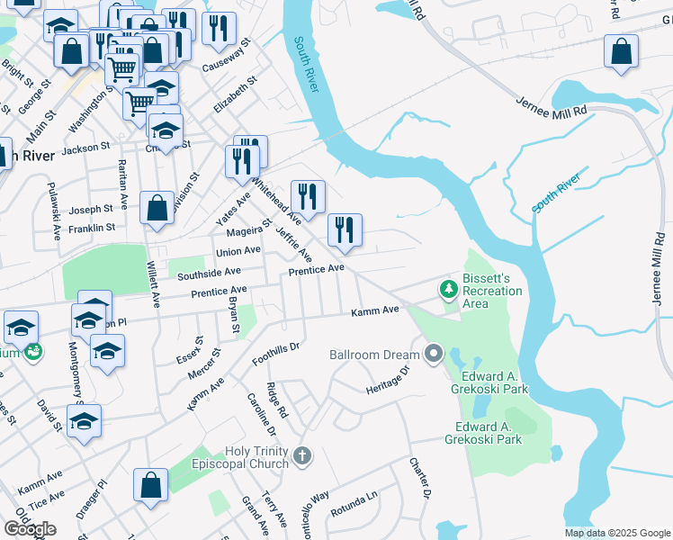 map of restaurants, bars, coffee shops, grocery stores, and more near 11 Schack Avenue in South River