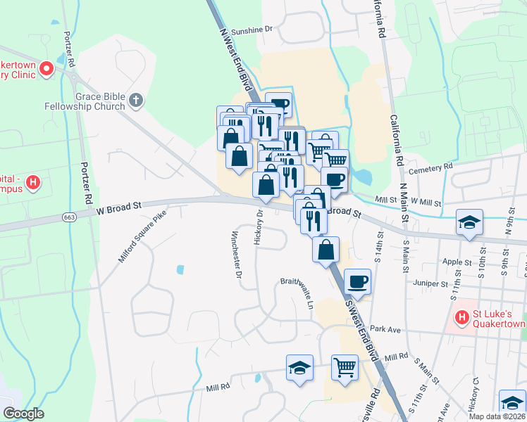 map of restaurants, bars, coffee shops, grocery stores, and more near 26 Hickory Lane in Quakertown