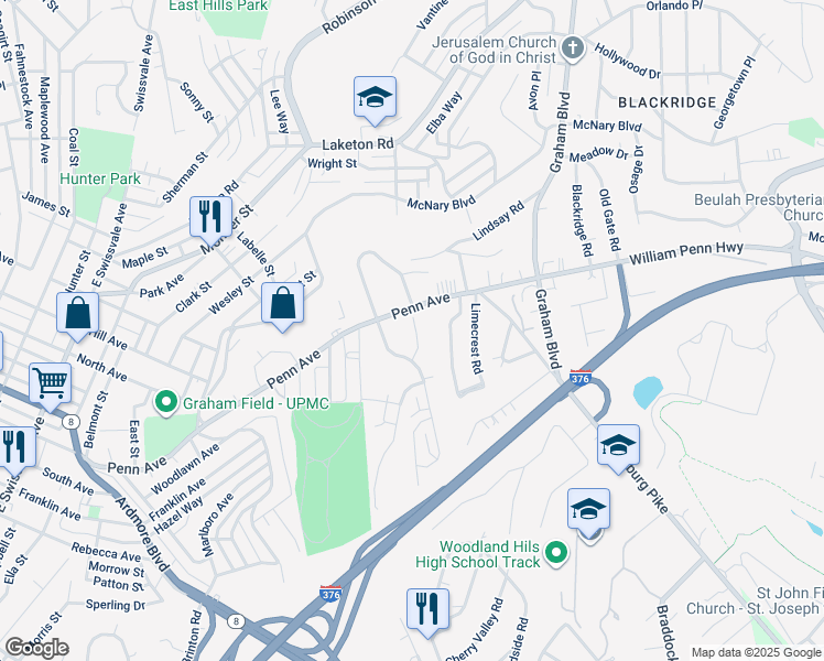 map of restaurants, bars, coffee shops, grocery stores, and more near 7513 Penn Bridge Court in Pittsburgh