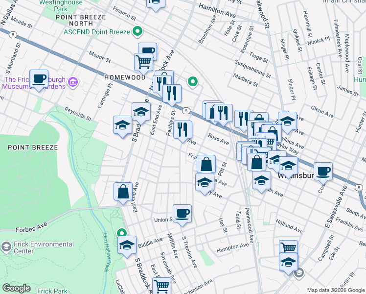 map of restaurants, bars, coffee shops, grocery stores, and more near 318 Franklin Avenue in Pittsburgh