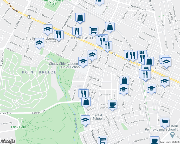 map of restaurants, bars, coffee shops, grocery stores, and more near 7612 Edgerton Avenue in Pittsburgh