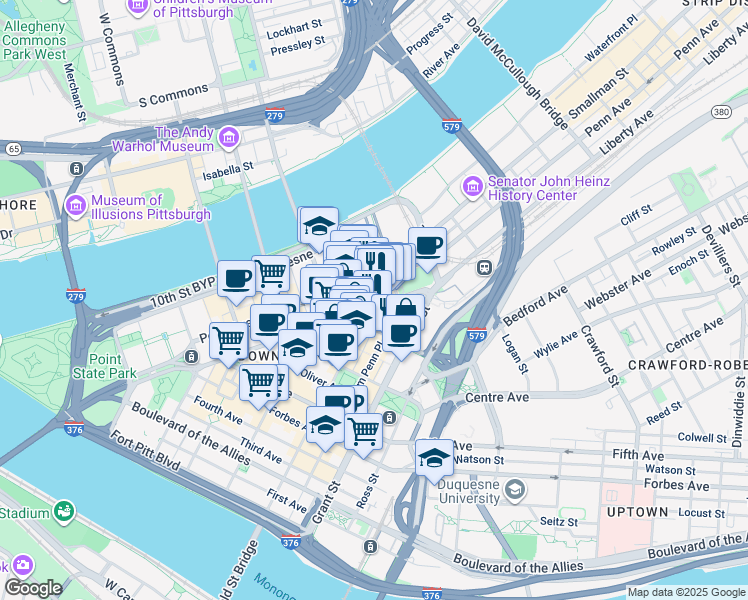 map of restaurants, bars, coffee shops, grocery stores, and more near in Pittsburgh