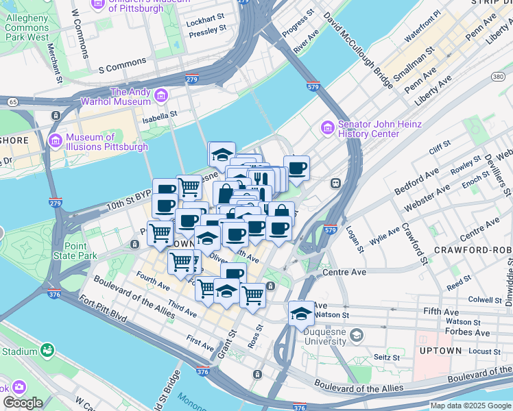 map of restaurants, bars, coffee shops, grocery stores, and more near in Pittsburgh